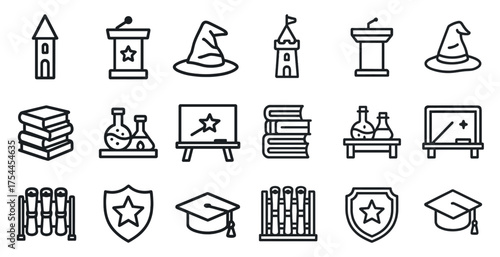 Magic and wizardry outline icons set – silhouette, fantasy, mystical symbols