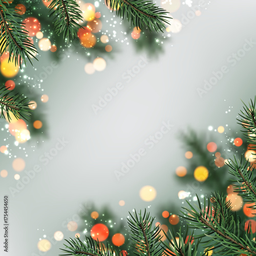 Festive winter background with green fir branches, glowing lights, and bokeh effects. Perfect for holiday design. Vector illustration.