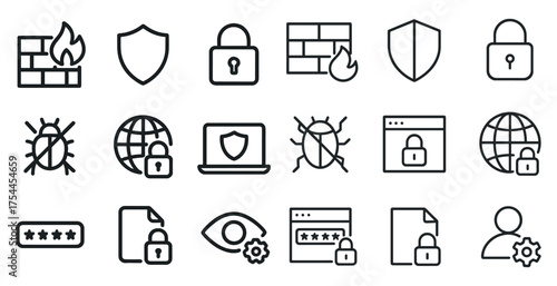 Cybersecurity and protection icons set – linear, outline, security and safety symbols