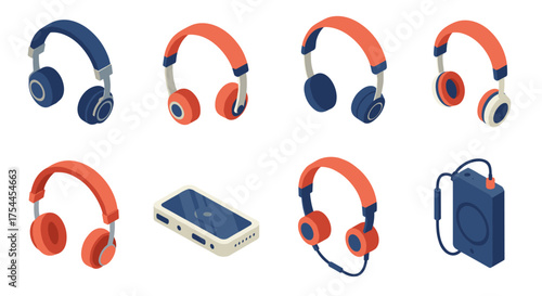 Isometric headphones and music devices collection on white background