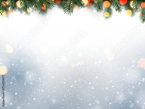 Vector illustration of snowy winter background with pine branches, glowing bokeh lights, and falling snow, perfect for holiday designs.