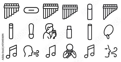 Music and instruments outline icons set – linear, silhouette, sound and melody symbols