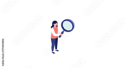 Woman holding large magnifying glass in isometric style