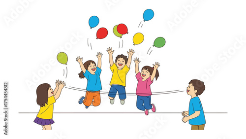 Joyful Balloon Celebration: Joyful children leap with glee as colorful balloons soar through the air, filling the scene with delight and cheerful energy.