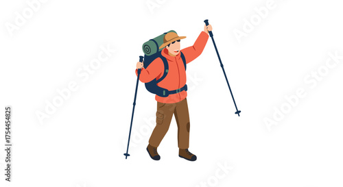 Happy hiker in isometric style with backpack and trekking poles