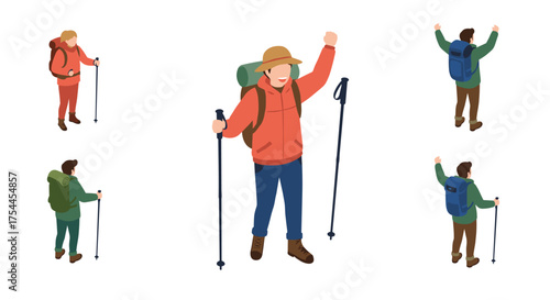 Isometric hikers celebrating adventure with backpacks and walking poles