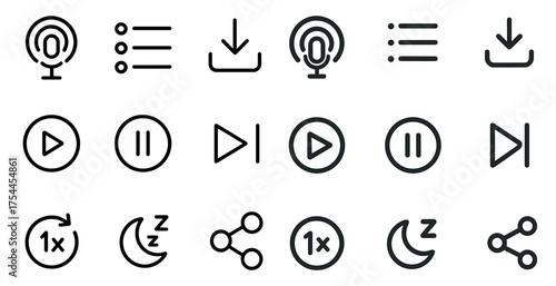 Podcast and audio line icons set – outline, music and media streaming visuals