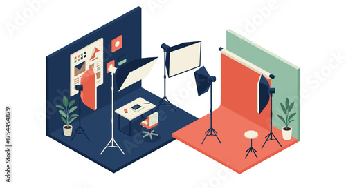Modern isometric photography studio setup with lights and equipment