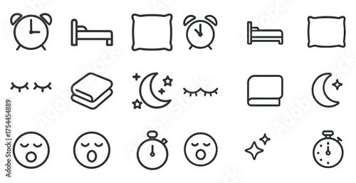 Sleep and relaxation outline icons set – linear, restful, bedtime symbols