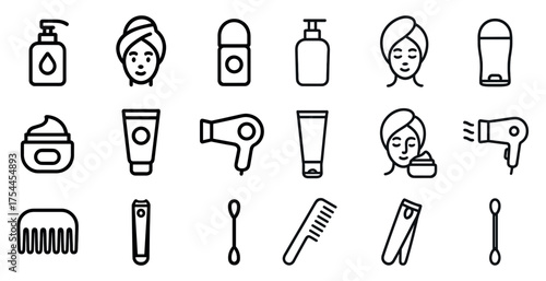 Personal care outline icons set – grooming, beauty, hygiene essentials
