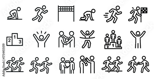 Running and sports outline icons set – linear, athletic, competition graphics