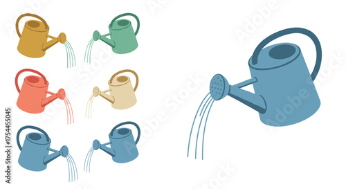 Colorful watering cans pouring water in minimalist isometric style