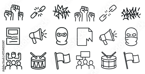 Protest and activism icons set – outline, silhouette, demonstration symbols