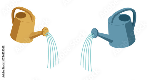 Isometric watering cans pouring water: gardening and plant care design