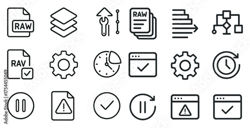 Data management outline icons set – linear, raw, file organization symbols