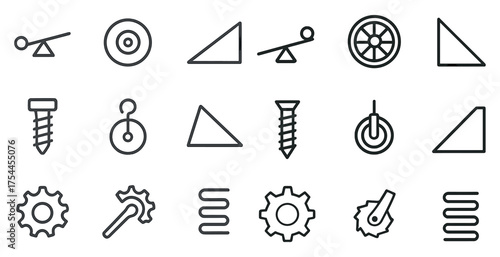 Simple machines outline icons set – line, linear, mechanical and engineering symbols