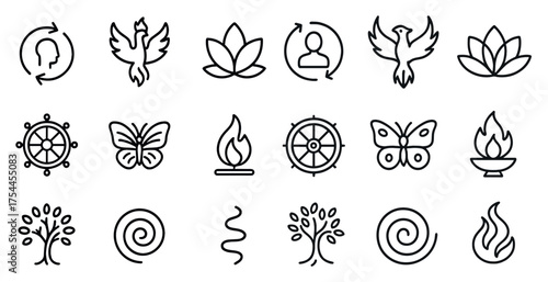 Mindfulness and wellness outline icons set – meditation, relaxation, holistic symbols