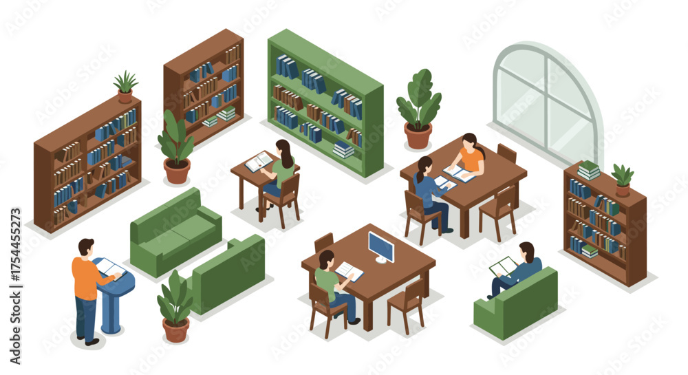 Naklejka premium Cozy library space with people studying in an isometric style interior design