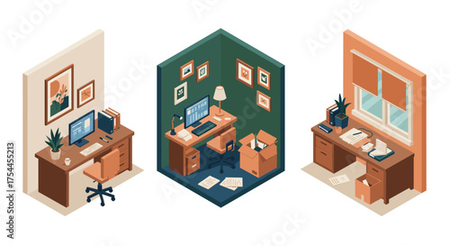 Cozy isometric home office desks with computers and decor in various settings