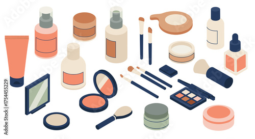 Minimalist isometric makeup collection with cosmetics and brushes on clean background
