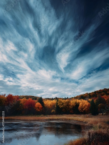 Vibrant autumn forest landscape under a dynamic sky with diverse cloud formations highlighting seasonal change