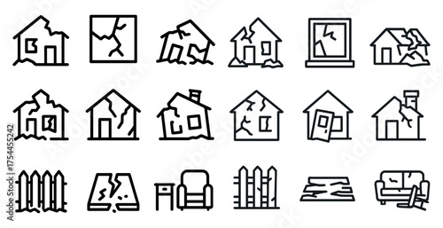 Earthquake damage outline icons set – linear, flat, natural disaster symbols