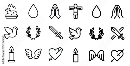 Christian faith outline icons set – prayer, worship, religious symbols collection