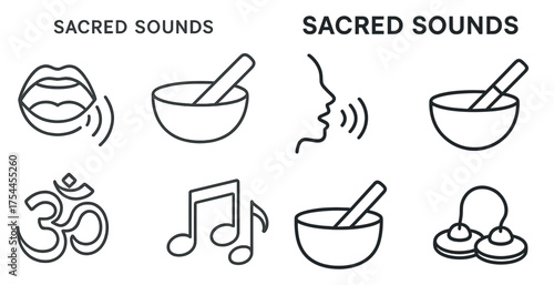 Sacred sounds outline icons set - linear, spiritual, meditation symbols