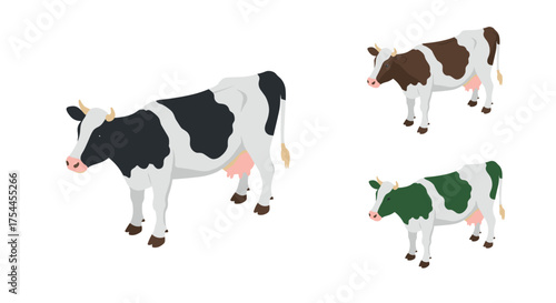 Three cows with different patterns on white background
