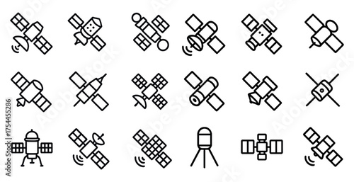 Space and satellite outline icons set – cosmic, line, galaxy and exploration symbols