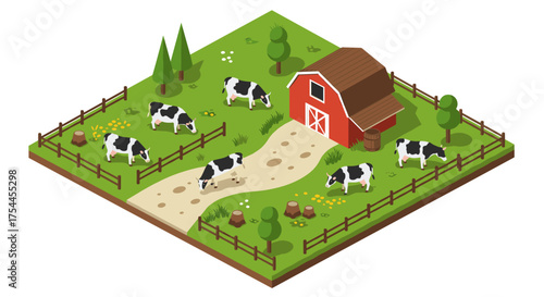 Isometric farm scene with cows grazing near red barn