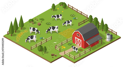 Isometric farm scene with cows and red barn in pasture