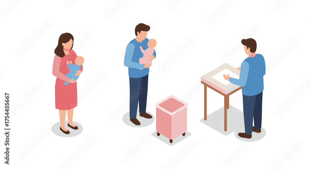 Obraz premium Isometric parenting scene with mother and father caring for babies