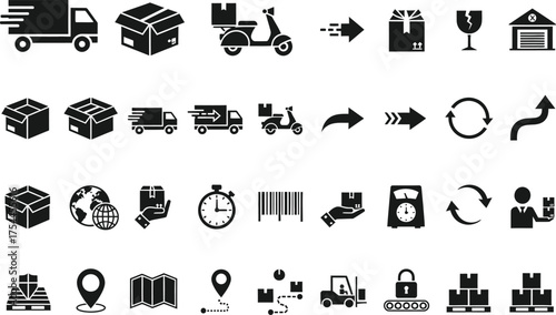 Collection of black shipping and delivery service icons representing logistics transportation and supply chain management isolated on transparent background