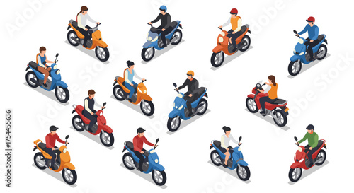Isometric motorcycles with diverse riders in various colors and styles