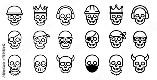 Skull icons set in outline style – bones, cranium, minimalist skull symbols