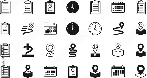 Collection of hand drawn doodle icons representing tasks time location and planning isolated on transparent background