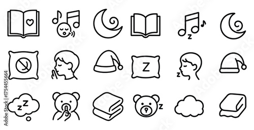 Bedtime and sleep outline icons set – dream, night, relaxation symbols
