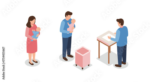 Isometric parenting scene with mother and father caring for babies