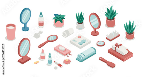 Isometric beauty and wellness items with skincare products and plants