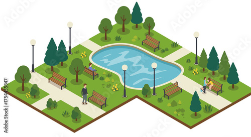 Isometric park scene with trees, benches, and people by a pond