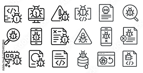 Bug and error outline icons set – linear, coding, and debugging symbols