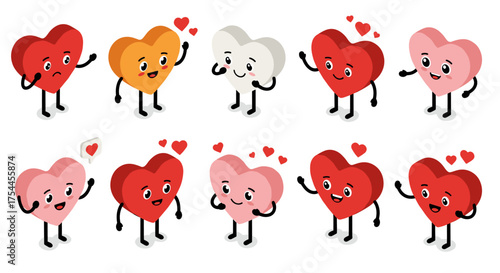 Cute isometric heart characters expressing various emotions with love symbols