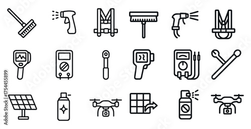 Home maintenance outline icons set – linear, tools, cleaning and repair symbols