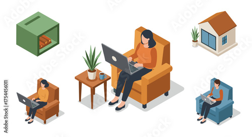 Remote work concept with woman using laptop in cozy home setting in isometric design