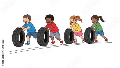 Teamwork with Tires: A joyful ensemble of children collaborates, pushing tires along a path in a vibrant display of unity and shared experience.