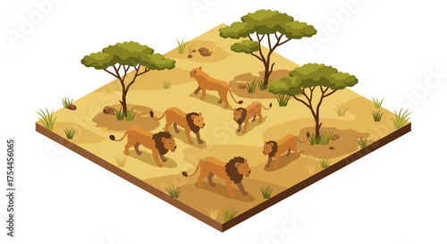 Isometric savanna scene with lions and trees in a vibrant natural habitat
