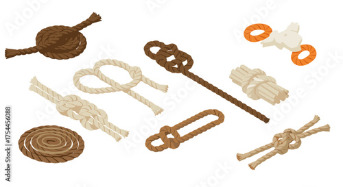 Various rope knots collection in isometric style