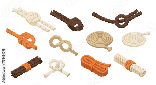 Assorted knots and ropes collection with isometric design in various colors