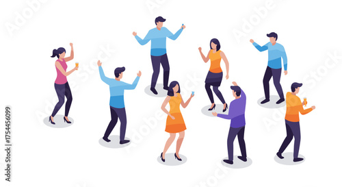 Isometric group dancing in colorful outfits at a party
